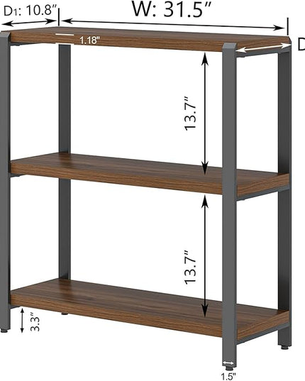 FOLUBAN Small Bookshelf and Bookcase, 3 Tier Low Short Book Shelf, Industrial Metal and Wood Book Case for Living Room Bedroom, Rustic Walnut - LeafyLoom