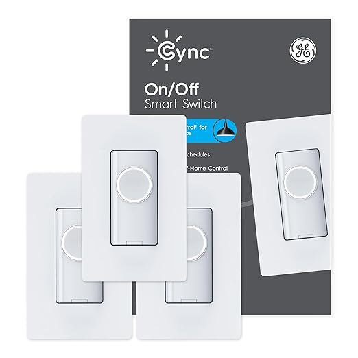 GE CYNC Smart Light Switch On-Off Button Style, Neutral Wire Required, Bluetooth and 2.4 GHz Wi-Fi 4-Wire Switch, Compatible with Alexa and Google Home (3 Pack), White CYNCSmartHome