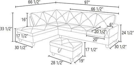 ROOMTEC Button L Shape Sectional Sofa Set, 5 Seat Upholstered Corner Couch with Storage Ottoman, Luxurious Linen Tufted Cushions, for Living Room, Apartment, 97inch, Blue w/Left Chaise Lounge - LeafyLoom