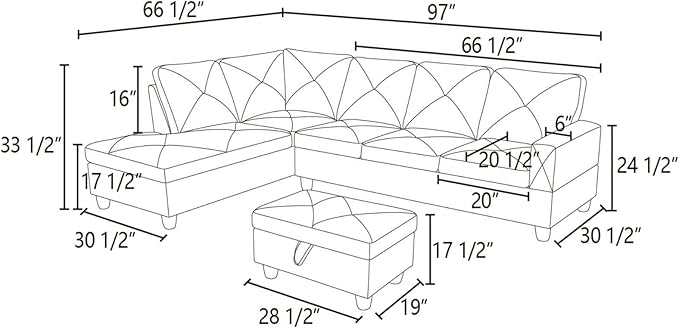 ROOMTEC Button L Shape Sectional Sofa Set, 5 Seat Upholstered Corner Couch with Storage Ottoman, Luxurious Linen Tufted Cushions, for Living Room, Apartment, 97inch, Blue w/Left Chaise Lounge - LeafyLoom