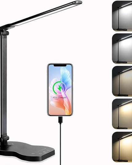 Led Desk Lamp with USB Charging Port, 5 Lighting Colors & 10 Brightness Reading Lamp, Foldable Dimmable LED Desk Light, 3000-6500K, Violin Shape Black Lamp Desk Lamps for Home Office - LeafyLoom
