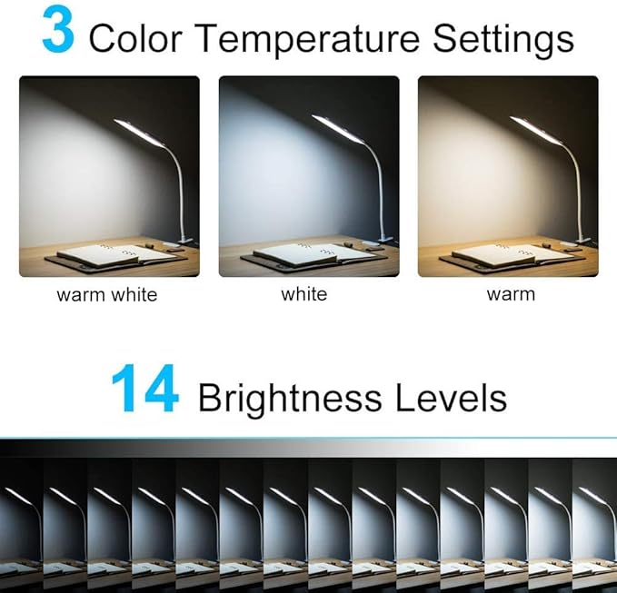 RAOYI LED Desk Lamp, 5W USB Clip on Light Eye-Caring Reading Clamp Table Lamp with 48 LEDs Flexible Gooseneck, 3 Color Modes and 14 Brightness Levels for Office Bedroom Study (Black) - LeafyLoom