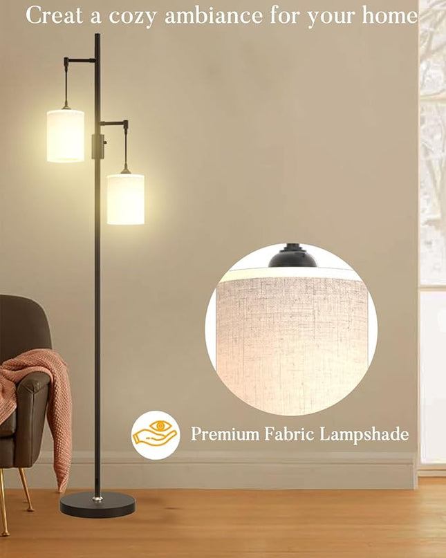 65IN Dimmable (Brightness Adjustable) Tree Floor Lamp, Mid Century Tall Standing Lamps with 2 E26 3000K LED Bulbs, Fabric Shades, Industrial Modern Floor Lamp for Living Room Bedroom - LeafyLoom