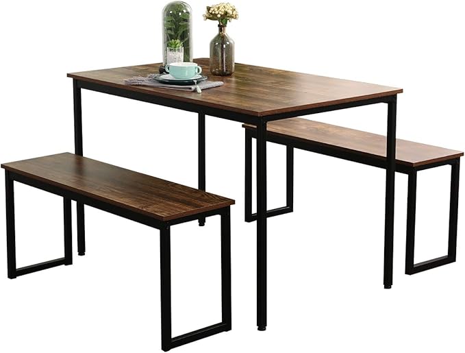 SogesGame Dining Table Set with Two benches,Kitchen Table Set for 2-4 Persons,3 Pieces Home Kitchen Breakfast Bar Set Furniture Dining Set - LeafyLoom