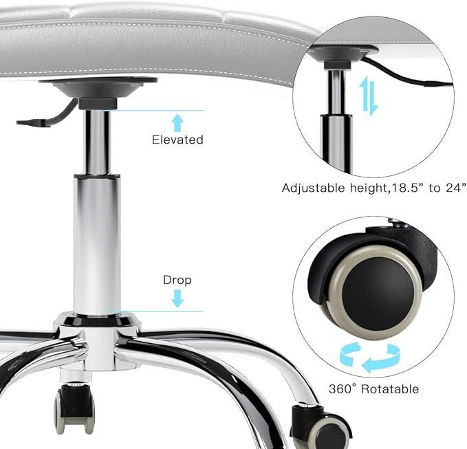 360° Office Desk Chair,PU Adjustable Rolling Task Chair with Backrest for Barber,Office,Home, Computer,360° Swivel,Armless (white) - LeafyLoom