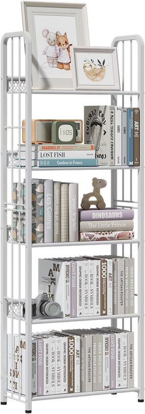 White 5 Tiers Tall Bookshelf, Industrial Storage Shelf, Multifunctional Narrow Bookcase, Display Standing Shelf Units for Living Room, Bedroom, Kitchen - LeafyLoom