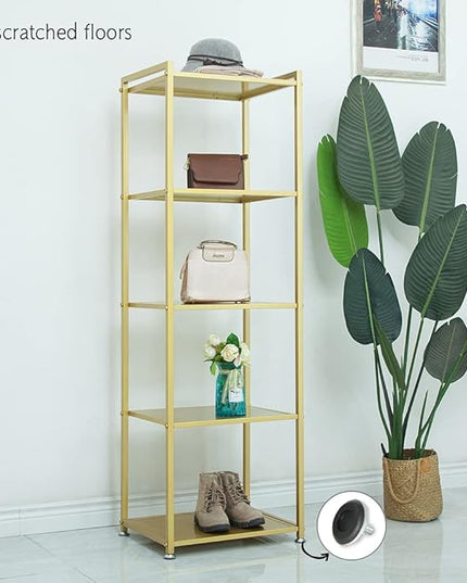 Gold Shelf, Gold Bookcase, 5-Tier Bookshelf Shoe Purse Handbag Rack Shelving Unit Etagere Tall Narrow Metal Corner Shelf Boutique Display Storage Retail Commercial Stand(19.7x15.7x63) - LeafyLoom