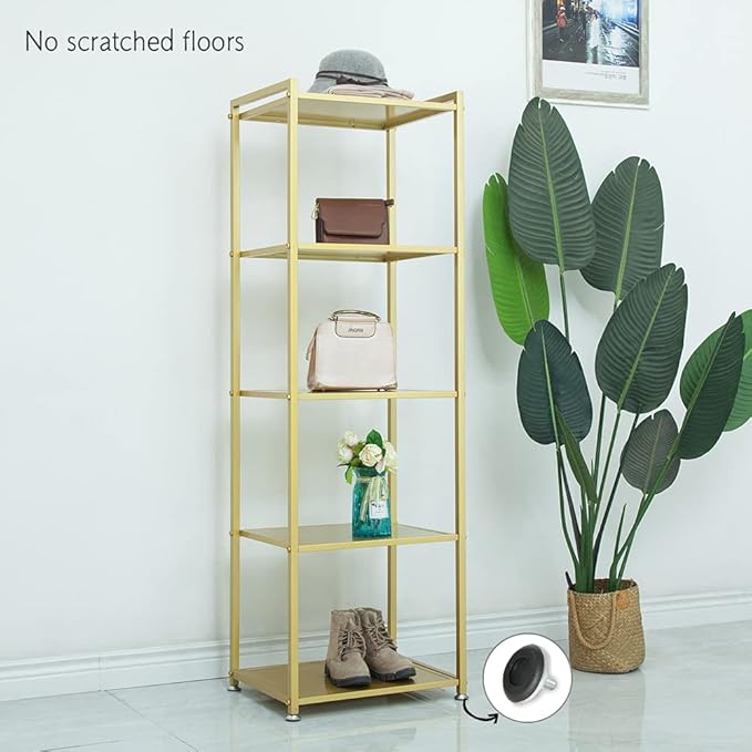 Gold Shelf, Gold Bookcase, 5-Tier Bookshelf Shoe Purse Handbag Rack Shelving Unit Etagere Tall Narrow Metal Corner Shelf Boutique Display Storage Retail Commercial Stand(19.7x15.7x63) - LeafyLoom