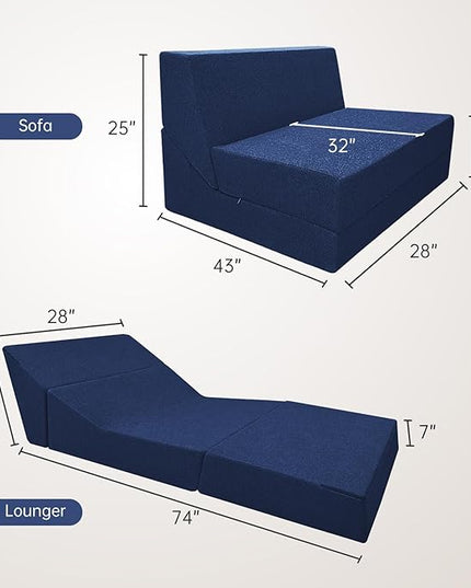 Folding Sleeper Chair Bed with Pillow Memory Foam Futon Sofa Couch Bed Lazy Chair for Living Room/Home Office/Apartment/Upstairs Loft，Washable Cover,Dark Blue - LeafyLoom