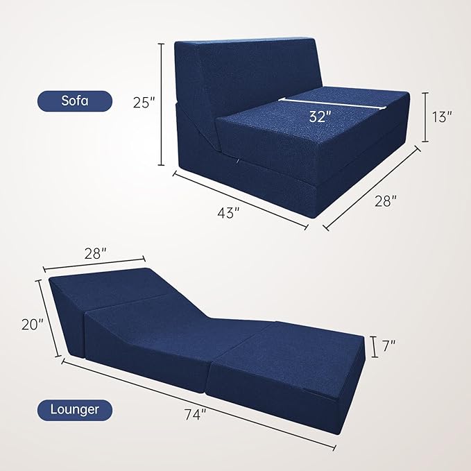 Folding Sleeper Chair Bed with Pillow Memory Foam Futon Sofa Couch Bed Lazy Chair for Living Room/Home Office/Apartment/Upstairs Loft，Washable Cover,Dark Blue - LeafyLoom