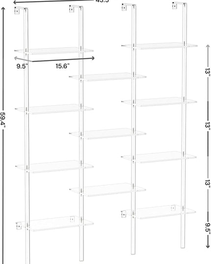 Acrylic Bookshelf, Wall Mounted, 4-Tier Clear Ladder Bookshelf with 11 Open Shelves, Multipurpose Bookcase for Living Room, Bathroom, Office, Modern, 9.5" D x 43.5" W x 59.4" H - LeafyLoom