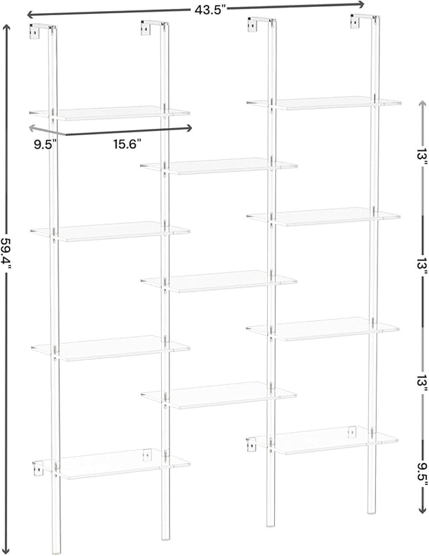 Acrylic Bookshelf, Wall Mounted, 4-Tier Clear Ladder Bookshelf with 11 Open Shelves, Multipurpose Bookcase for Living Room, Bathroom, Office, Modern, 9.5" D x 43.5" W x 59.4" H - LeafyLoom