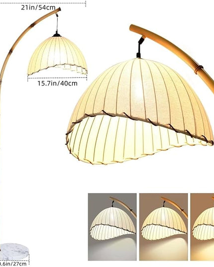 Retro Floor Lamp Unique Bamboo Color Floor lamp Bohemian Hanging Arc Floor Lamp with Antique Rattan Style Vertical Standing tall Lamp for Bed Room Farmhouse Study Living Room Indoor decoration - LeafyLoom