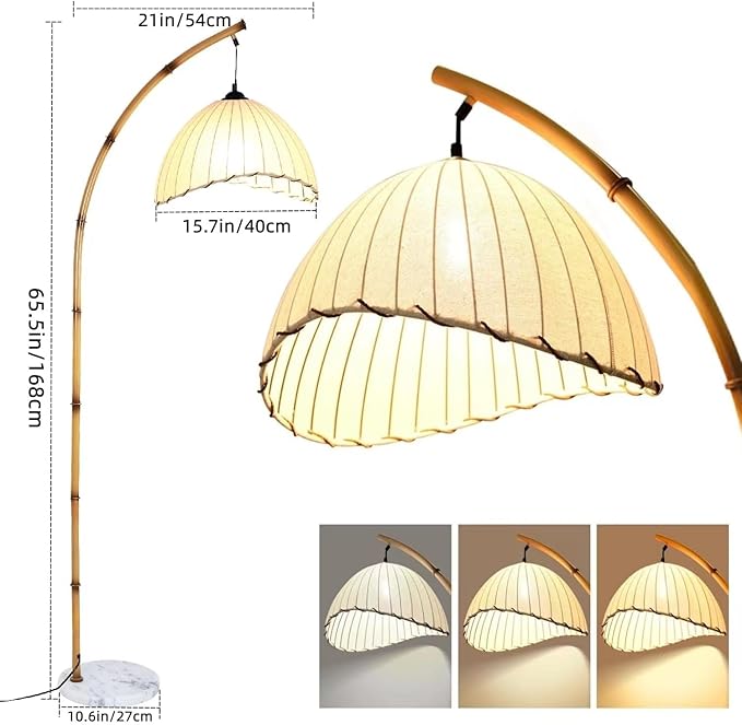 Retro Floor Lamp Unique Bamboo Color Floor lamp Bohemian Hanging Arc Floor Lamp with Antique Rattan Style Vertical Standing tall Lamp for Bed Room Farmhouse Study Living Room Indoor decoration - LeafyLoom