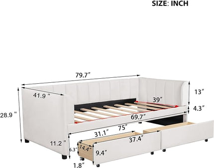 Velvet Twin Size Upholstered Daybed with Ergonomic Design Backrest & 2 Drawers, Sofa Bed w/Classic Striped Headboard for Bedroom, Living Room, Guest Room,No Box Spring Needed,Beige - LeafyLoom
