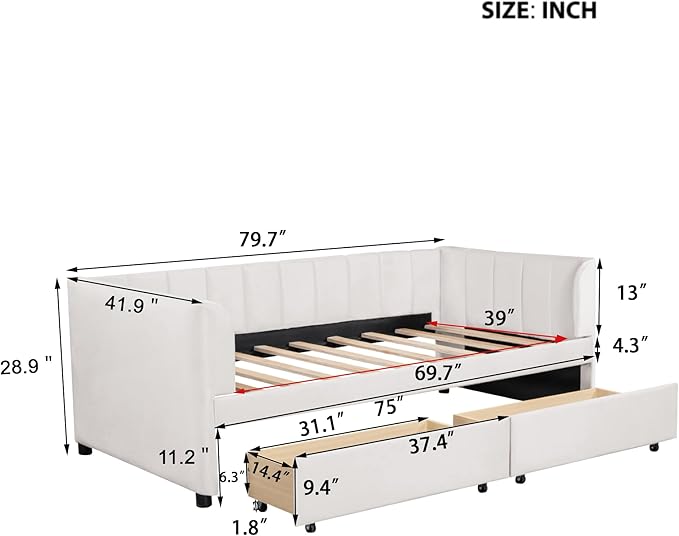Modern Twin Size Upholstered Daybed Frame with Storage Drawers, Elegant Velvet Fabric Sofa Bed with Ergonomic Design Backrest and Armrests, No Box Spring Needed, Beige - LeafyLoom