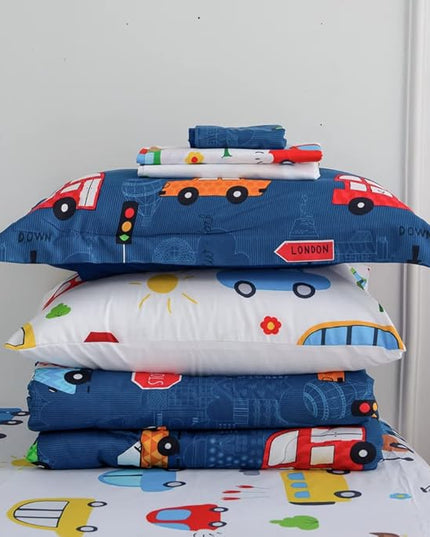 Wajade Cartoon Cars Comforter Set Bed in A Bag Full Size Colorful Cars Bus Van Traffic Lights Bedding Set for Boys Kids (1 Comforter, 1 Flat Sheet, 1 Fitted Sheet, 2 Pillowcase and 2 Pillow Sham) - LeafyLoom
