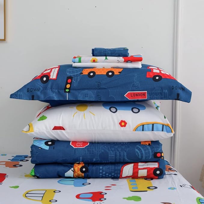 Wajade Cartoon Cars Comforter Set Bed in A Bag Full Size Colorful Cars Bus Van Traffic Lights Bedding Set for Boys Kids (1 Comforter, 1 Flat Sheet, 1 Fitted Sheet, 2 Pillowcase and 2 Pillow Sham) - LeafyLoom