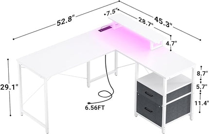Homieasy L Shaped Computer Desk with Storage File Drawer, Reversible Home Office Desk with Recessed Power Strip and Led Strip, Corner Gaming Desk Work Study Table with Monitor Stand, White - LeafyLoom