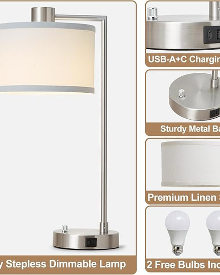 Luvkczc Table Lamp for Bedroom Set of 2 with USB C+A Ports - Fully Stepless Dimmable Bedside Lamp with Linen Lampshade - Contemporary Lamp for Living Room Reading Office, 2 LED Bulbs Included (Silver) - LeafyLoom