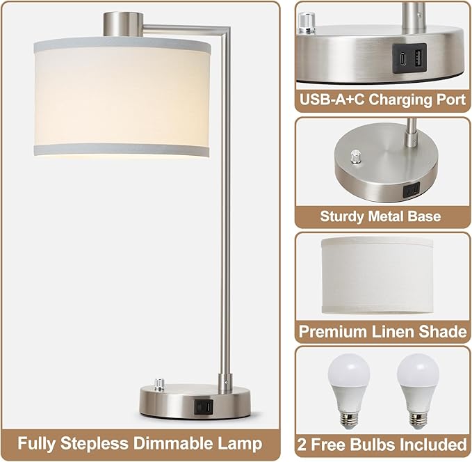 Luvkczc Table Lamp for Bedroom Set of 2 with USB C+A Ports - Fully Stepless Dimmable Bedside Lamp with Linen Lampshade - Contemporary Lamp for Living Room Reading Office, 2 LED Bulbs Included (Silver) - LeafyLoom
