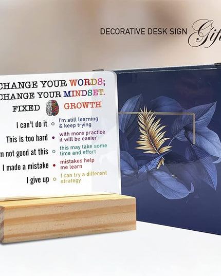 Growth Mindset Gift Change Your Words Change Your Mindset Clear Desk Decorative Sign Keepsake Present Positive Acrylic Plaque with Wooden Stand Sign Desk Decor for Home Office - LeafyLoom