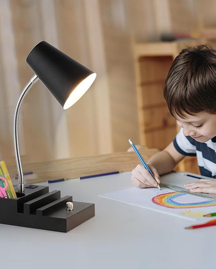 Study Desk Lamp with USB Charging and Type-C Night Light, Gooseneck LED Table Lamp Stepless Dimming Study Table Lamp with Pen Holder for College Dorm Bedroom and Office (Black) - LeafyLoom