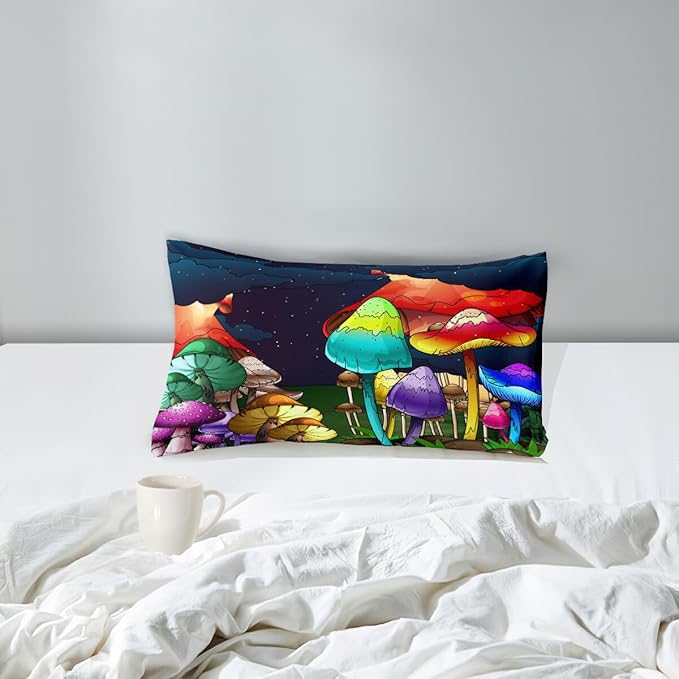Mushroom Twin Comforter Set for Boys Cartoon Colorful Mushroom Bedding Set Night Sky Mushroom Comforter Set for Boys Bedroom All-Season Breathable Cute Mushroom Quilt with Pillowcase - LeafyLoom