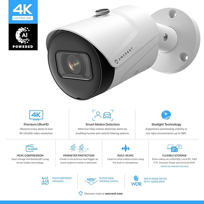 Amcrest 4K (8MP) IP POE Camera, UltraHD Outdoor Bullet, 3840x2160, 98ft NightVision, 125° FOV, IP67, MicroSD (256GB), Human & Vehicle Detection, Tripwire & Intrusion, (IP8M-2496EW-AI-V3) Amcrest