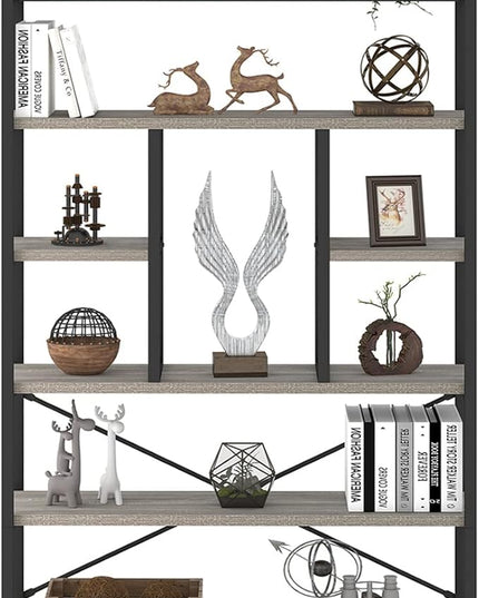 LVB Industrial 6 Tier Bookshelf, Large Tall Open Rustic Vintage Etagere Bookcase, Gray Big Wide Modern Farmhouse Wood and Metal Book Shelf for Home Bedroom Living Room Office Storage, Light Grey Oak - LeafyLoom