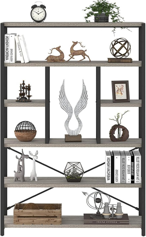 LVB Industrial 6 Tier Bookshelf, Large Tall Open Rustic Vintage Etagere Bookcase, Gray Big Wide Modern Farmhouse Wood and Metal Book Shelf for Home Bedroom Living Room Office Storage, Light Grey Oak - LeafyLoom