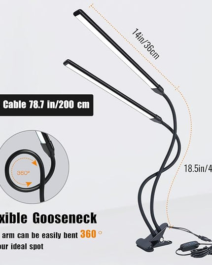Desk Lamp, Clamp on Lamp with 2 LED Tubes, 13W, 1200 Lms, 3 Color Modes, 10 Brightness Levels, 18.5 Inches Flexible Gooseneck LED Clip Book Light for Reading, Working (Adapter Included) - LeafyLoom