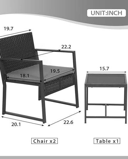 FDW 3 Piece Patio Furniture Sets Wicker Patio Chairs Rattan Outdoor Bistro Set Outdoor Furniture for Backyard Porch Poolside Lawn,Grey Cushion - LeafyLoom