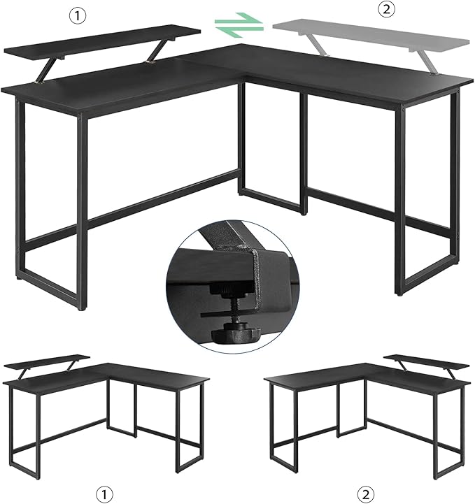 L Shape Computer Desk - Spacious 55 inch Corner Desk Home Office Desk Gaming Desk with Reversible Monitor Stand and Adjustable Feet, Easy Assembly, Black - LeafyLoom