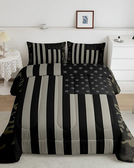 American Flag Comforter Set Full Military Camo Down Comforter,Retro Army Green Camouflage USA Flag Bedding Set For Kids Boys Teens Men Bedroom,Black Grey Stars Stripes Quilt Duvet Set 2 Pillow Cases - LeafyLoom