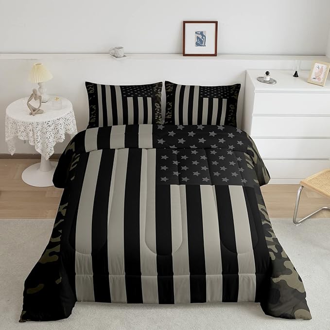 American Flag Comforter Set Full Military Camo Down Comforter,Retro Army Green Camouflage USA Flag Bedding Set For Kids Boys Teens Men Bedroom,Black Grey Stars Stripes Quilt Duvet Set 2 Pillow Cases - LeafyLoom