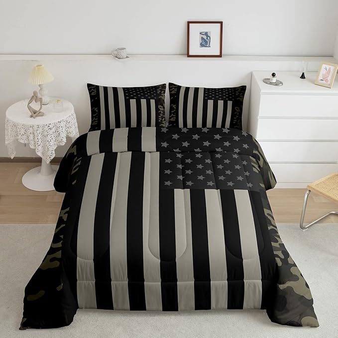 American Flag Comforter Set Queen Military Camo Down Comforter,Retro Army Green Camouflage USA Flag Bedding Set For Kids Boys Teens Men Bedroom,Black Grey Stars Stripes Quilt Duvet Set 2 Pillow Cases - LeafyLoom