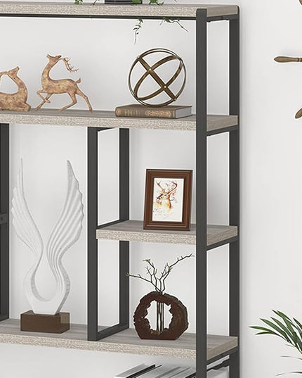 LVB Industrial 6 Tier Bookshelf, Large Tall Open Rustic Vintage Etagere Bookcase, Gray Big Wide Modern Farmhouse Wood and Metal Book Shelf for Home Bedroom Living Room Office Storage, Light Grey Oak - LeafyLoom