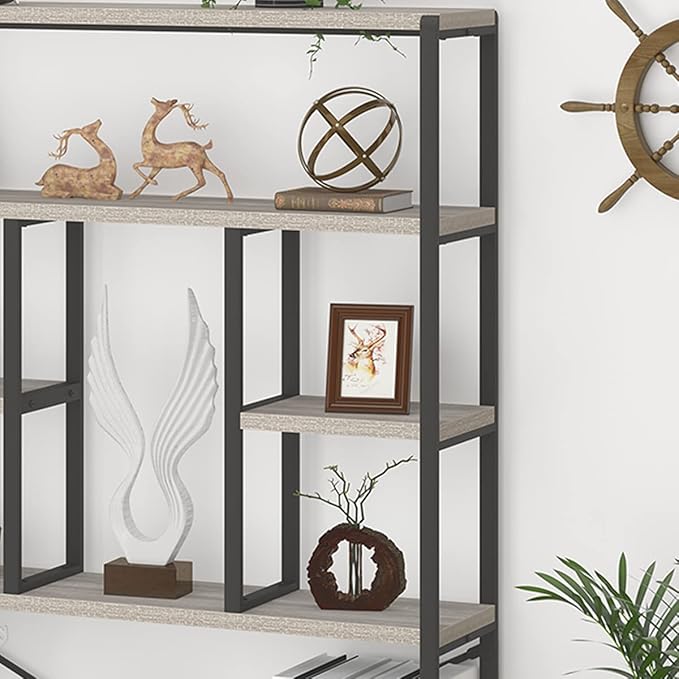 LVB Industrial 6 Tier Bookshelf, Large Tall Open Rustic Vintage Etagere Bookcase, Gray Big Wide Modern Farmhouse Wood and Metal Book Shelf for Home Bedroom Living Room Office Storage, Light Grey Oak - LeafyLoom