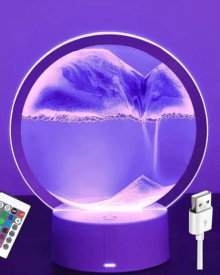 3DMoving Sand Art,360° Rotating Hourglass Decoration table lamp ,7 Color Changing Sand Liquid Motion Desk Lamp,RGB Color Creative Sea Quicksand Moving Sand Art Picture Night Light(Purple with Remote) - LeafyLoom