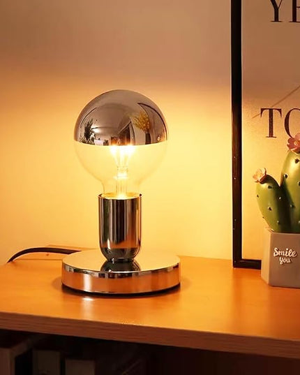 Simple Unique Lamp Base Only,Mini Bedside Table Lamp Bases,E26 Edison Light Bulb Stand Lamps for Small Spaces,Minimalist Desk Lamps Set w/ 5.8ft White Cord Switch Plug,No Bulb,Silver/Chrome,S - LeafyLoom