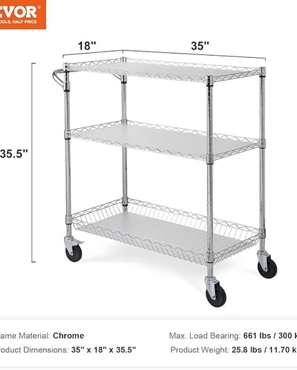 VEVOR Kitchen Utility Cart, 3 Tiers, Wire Rolling Cart with 661 LBS Capacity, Steel Service Cart on Wheels, Metal Storage Trolley with 80 mm Deep Basket Curved Handle PP Liner 6 Hooks, NSF Listed - LeafyLoom
