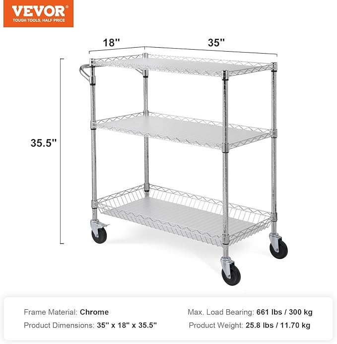 VEVOR Kitchen Utility Cart, 3 Tiers, Wire Rolling Cart with 661 LBS Capacity, Steel Service Cart on Wheels, Metal Storage Trolley with 80 mm Deep Basket Curved Handle PP Liner 6 Hooks, NSF Listed - LeafyLoom