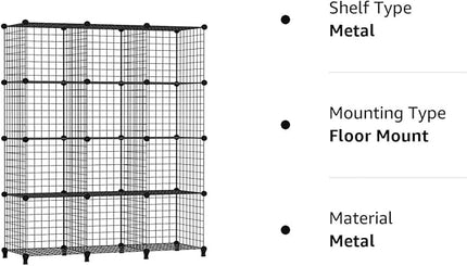 Wolizom Wire Cube Storage, Metal Grids Shelves Bookshelf, Stackable Modular Shelving Organizer, DIY Closet Bookcase Bookshelf, Grid Storage Shelf for Bedroom, Living Room, Office (Black, 12 Cube) - LeafyLoom