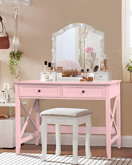 Writing Computer Desk with Drawers, Cute Modern Table for Bedrooms, Pink Vanity Table Office Desk with Drawers, Home Computer Desk for Girls Living Room Entryway, Pink - LeafyLoom