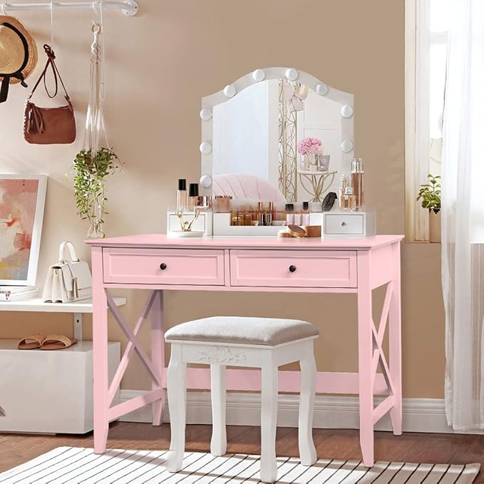 Writing Computer Desk with Drawers, Cute Modern Table for Bedrooms, Pink Vanity Table Office Desk with Drawers, Home Computer Desk for Girls Living Room Entryway, Pink - LeafyLoom