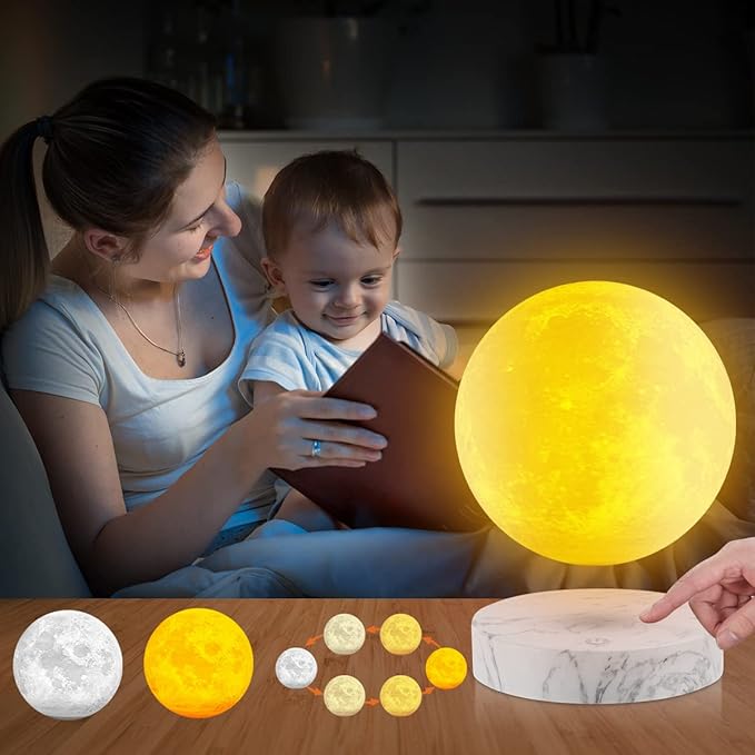 VGAzer Levitating Moon Lamp,Floating and Spinning in Air Freely with 3D Printing LED Moon Light Has 3 Colors for Unique Christmas Gifts,Room Decor (Marble Base 3 Colors) - LeafyLoom