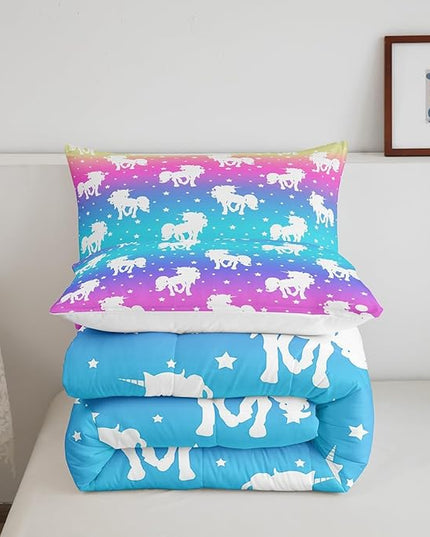 2 Piece Unicorn and Stars Bedding Set Twin Size,Tie Dye Pastel Comforter Sets Rainbow Printed Duvet Sets for Kids Girls Teens,Girly Sweet Colorful Down Comforter Bedroom Decor with 1 Pillow Case - LeafyLoom