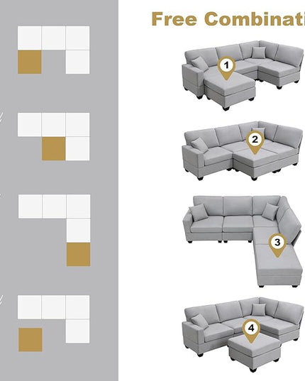 89.8" Modern Sectional Sofa with Convertible Ottoman and 2 Pillows,L-Shape Linen Fabric Corner Couch 5 Set W/Back & Cushion,can Hold up to 330 Lbs,for Apartment,Living Room,Light Grey - LeafyLoom