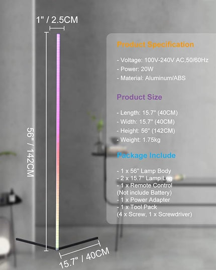 TACAHE Corner Floor Lamp - RGB Color Changing Mood Light, Dimmable LED Modern Floor Lamp with Remote, 56" Metal Standing Lamp for Living Room, Bedroom 20W - Black - LeafyLoom